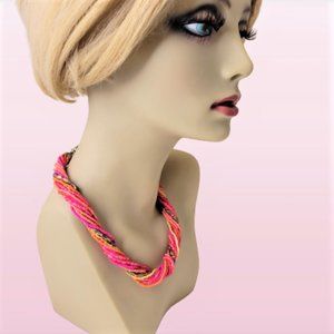 Pink and Orange Beaded Twist 13 Strand Bead Necklace